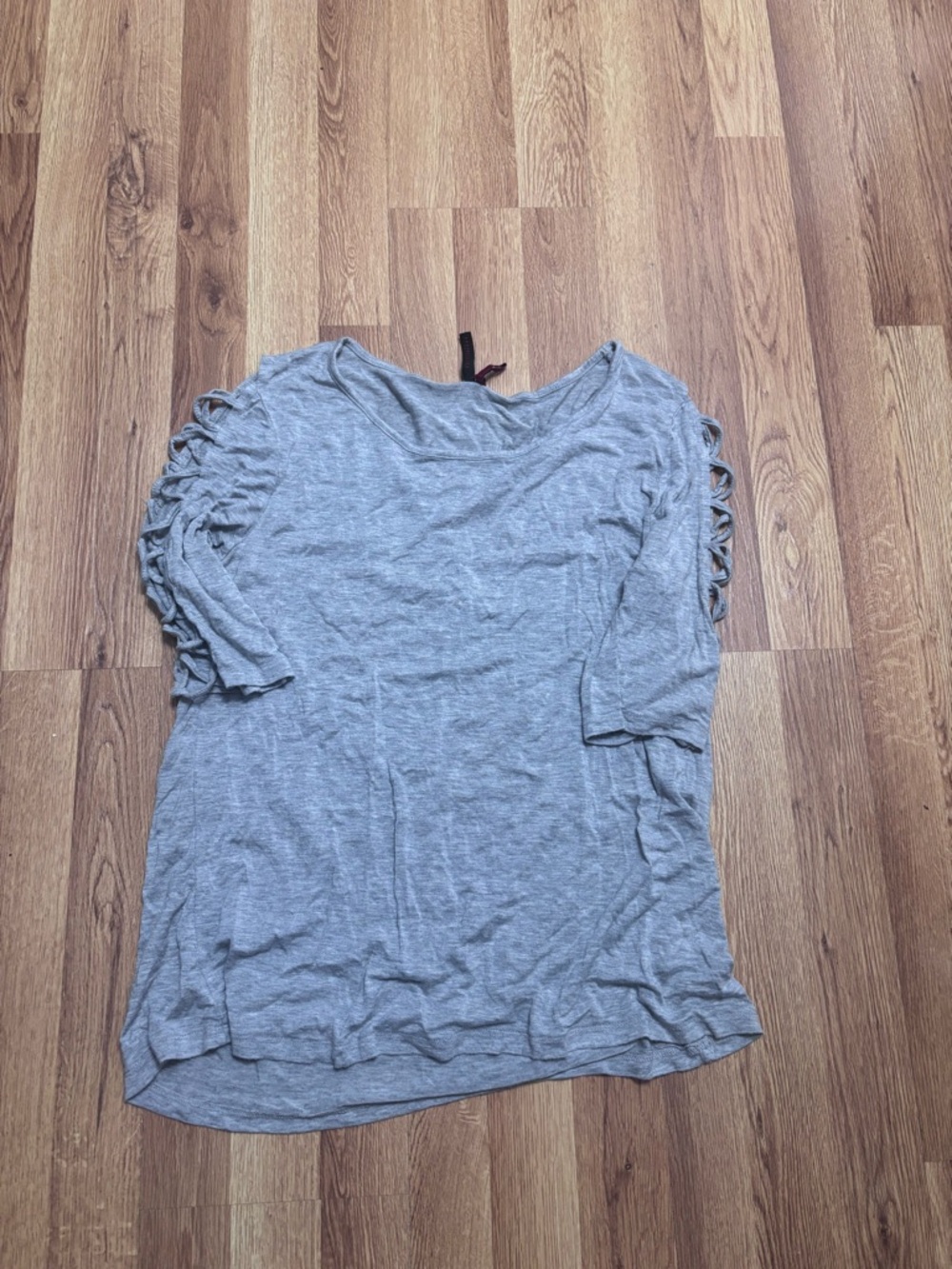 Women’s Gray Knit Top with Ladder Sleeve Detail. Great stretch material